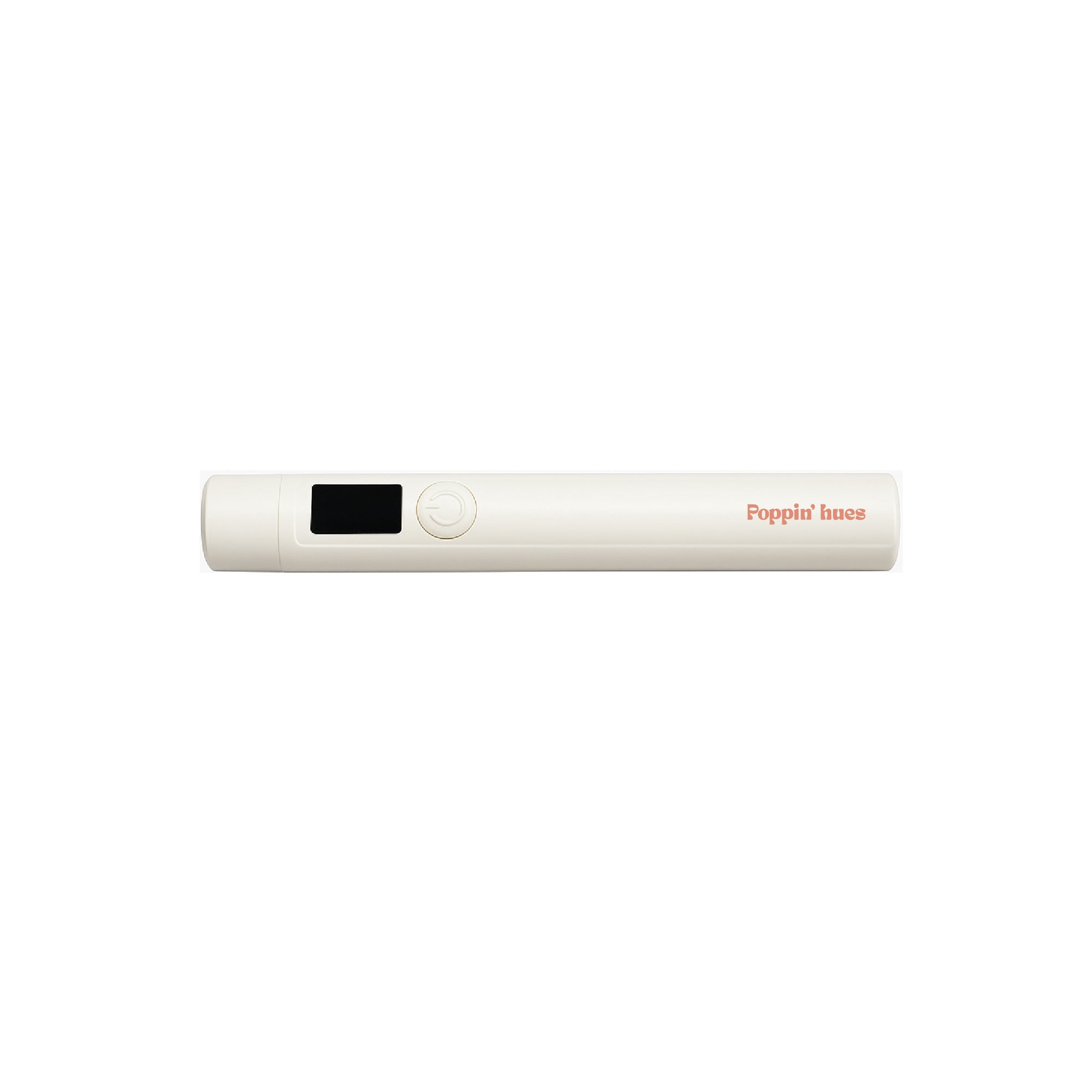 Handheld rechargeable UV/LED nail lamp displayed horizontally on a white background, featuring a slim cream-colored design with a power button and digital display.