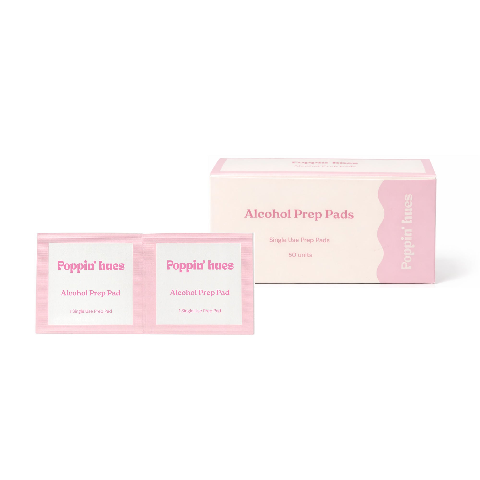 Box of alcohol prep pads with two visible pads on a white background