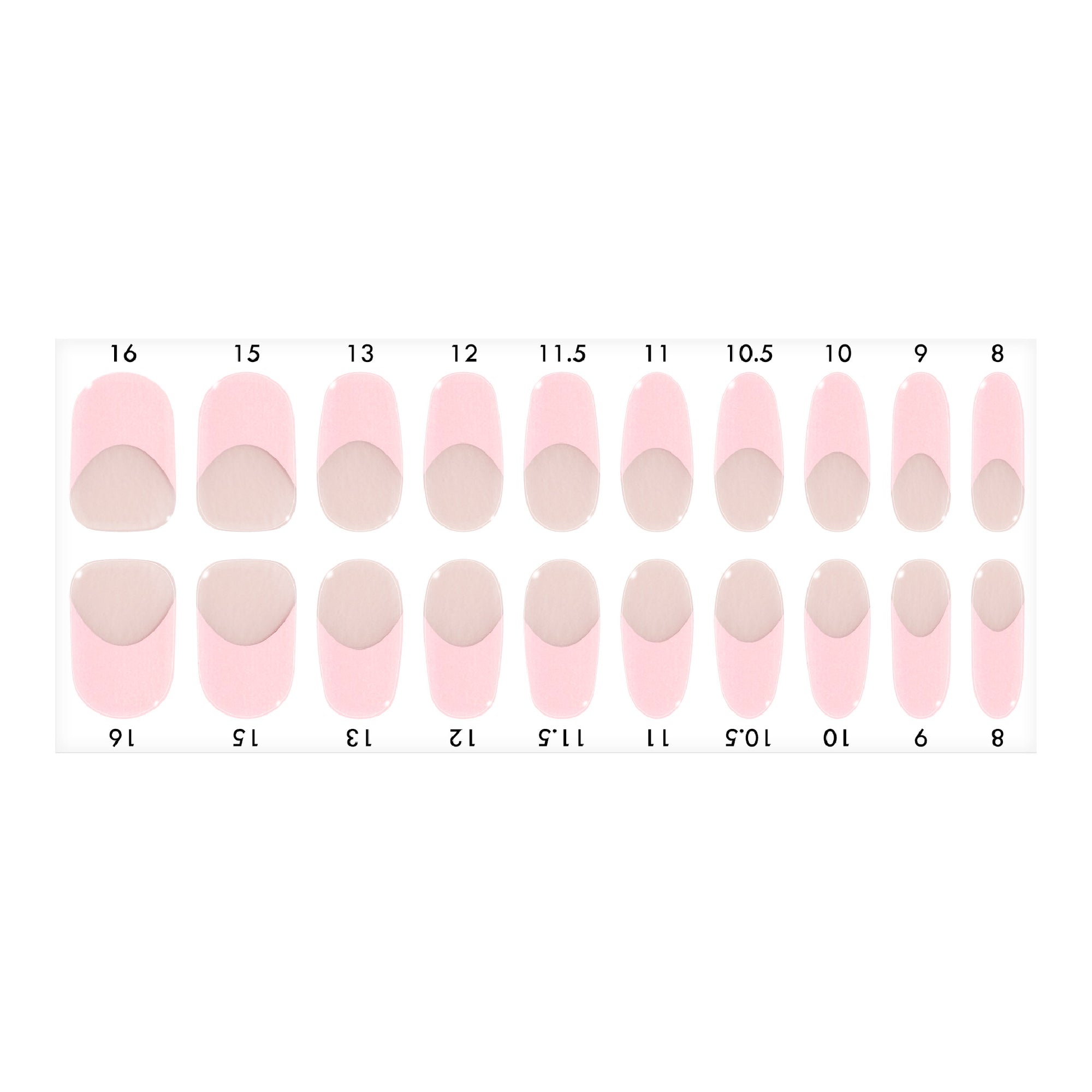 Standard size baby pink French tips design nail strips sheet on a white background.