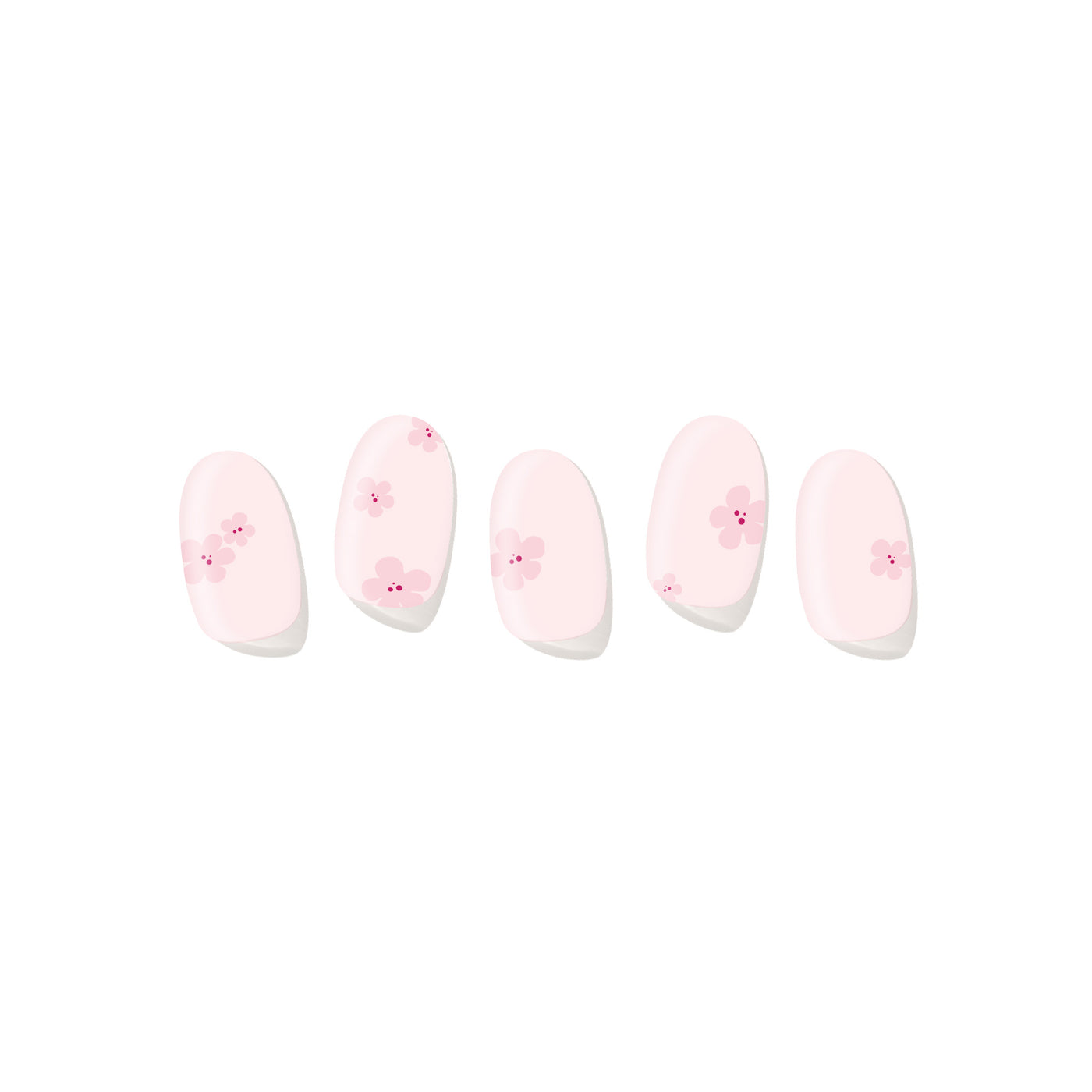 Five semi-cured gel nail strips displayed on a white background, featuring a soft blush base with delicate pink cherry blossom nail art.