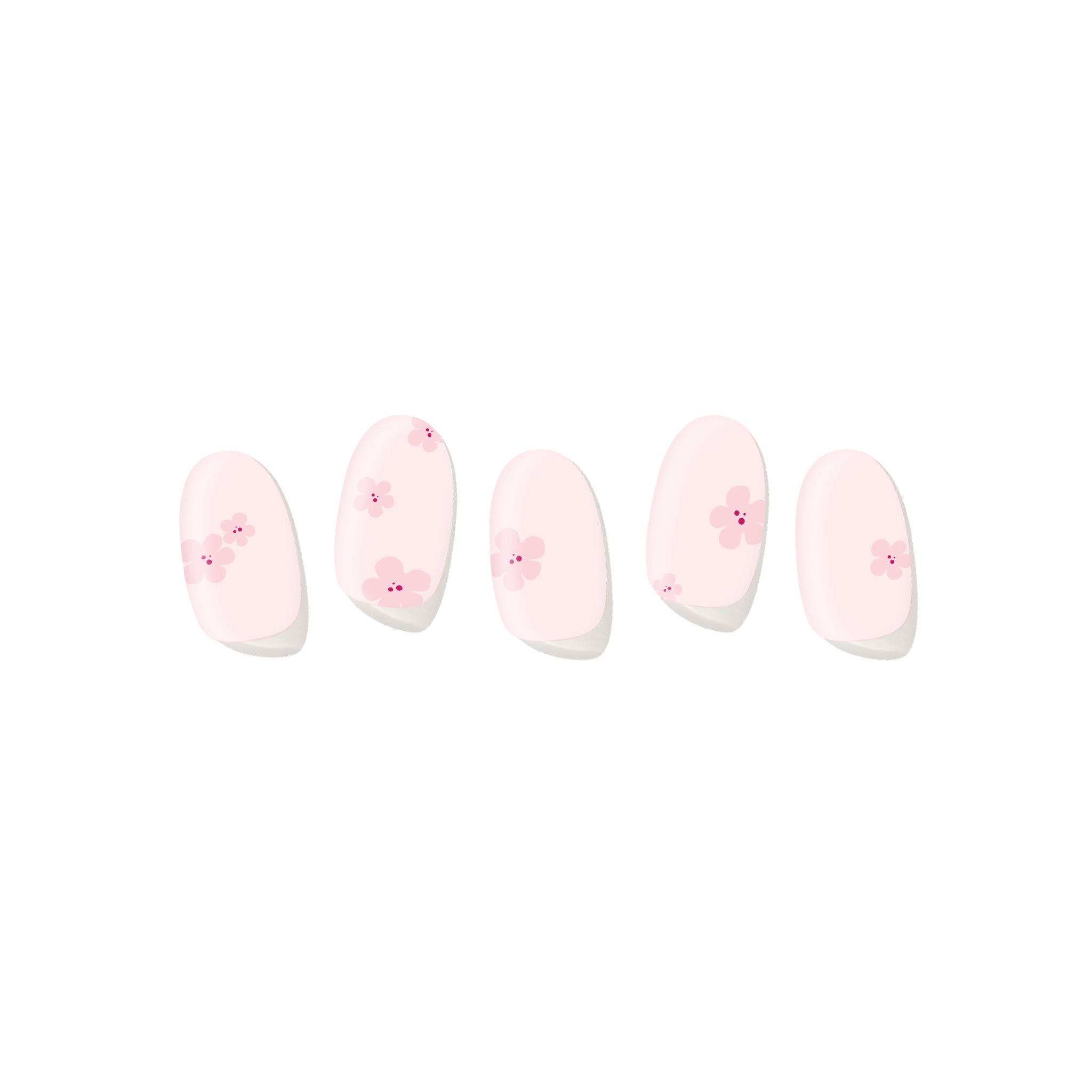 Five semi-cured gel nail strips displayed on a white background, featuring a soft blush base with delicate pink cherry blossom nail art.