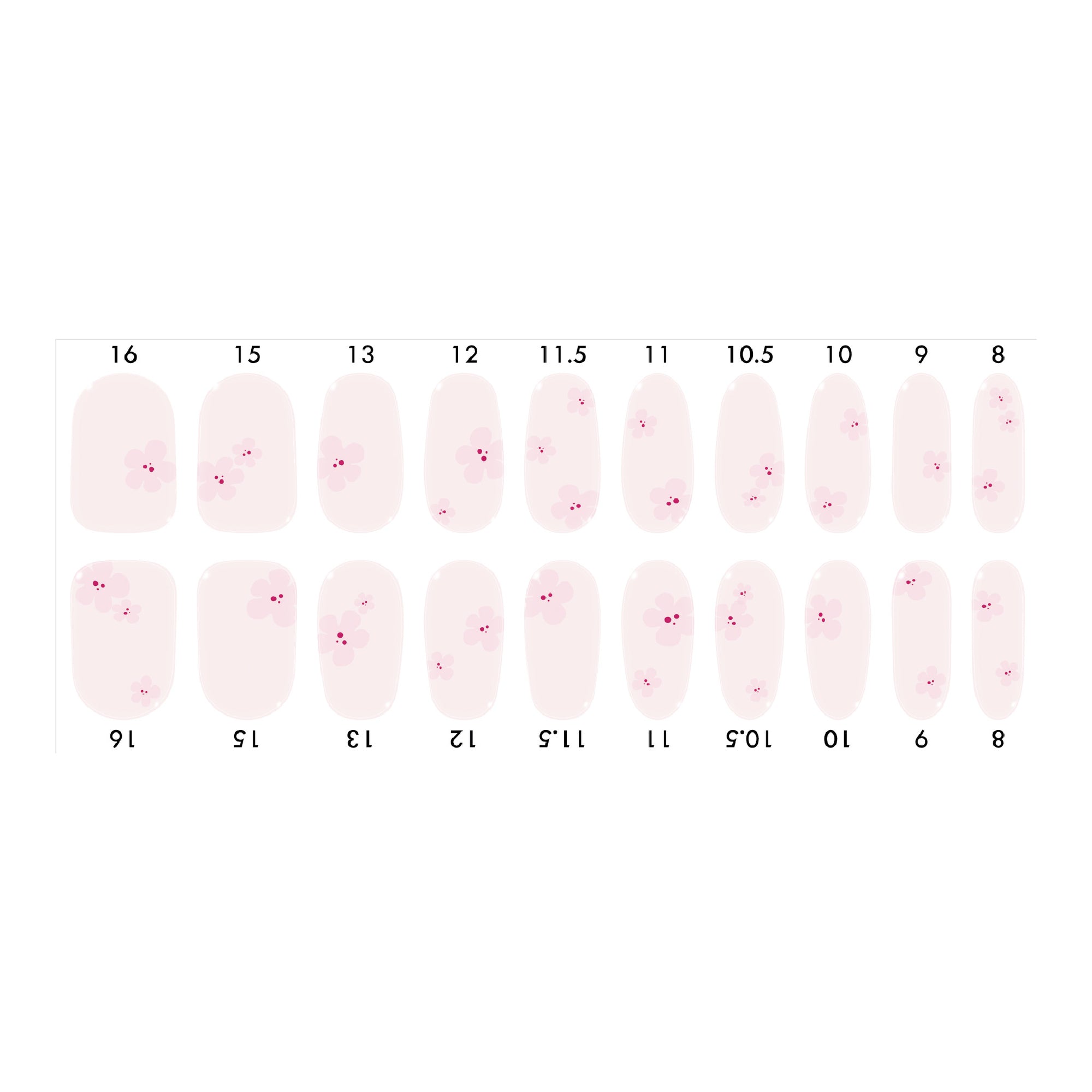 Standard size semi-cured gel nail strips sheet shown on a white background, featuring a blush base with pink cherry blossom designs, arranged by numbered nail sizes.