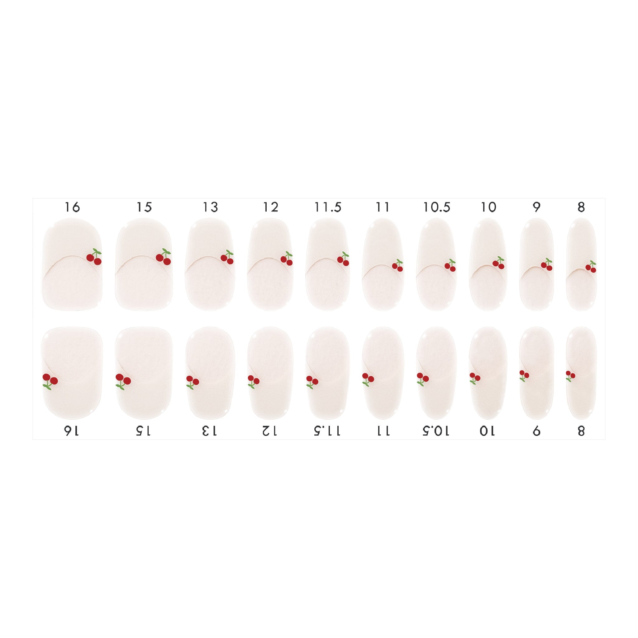 Standard size semi-cured gel nail strips sheet shown on a white background, featuring an off-white French tip design with small red cherry accents, arranged by numbered nail sizes.