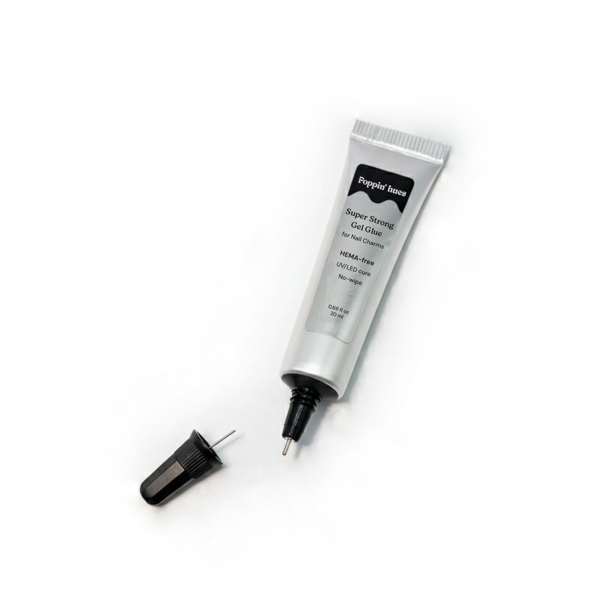 Silver gel glue tube displayed on a white background, featuring a narrow needle-tip applicator.