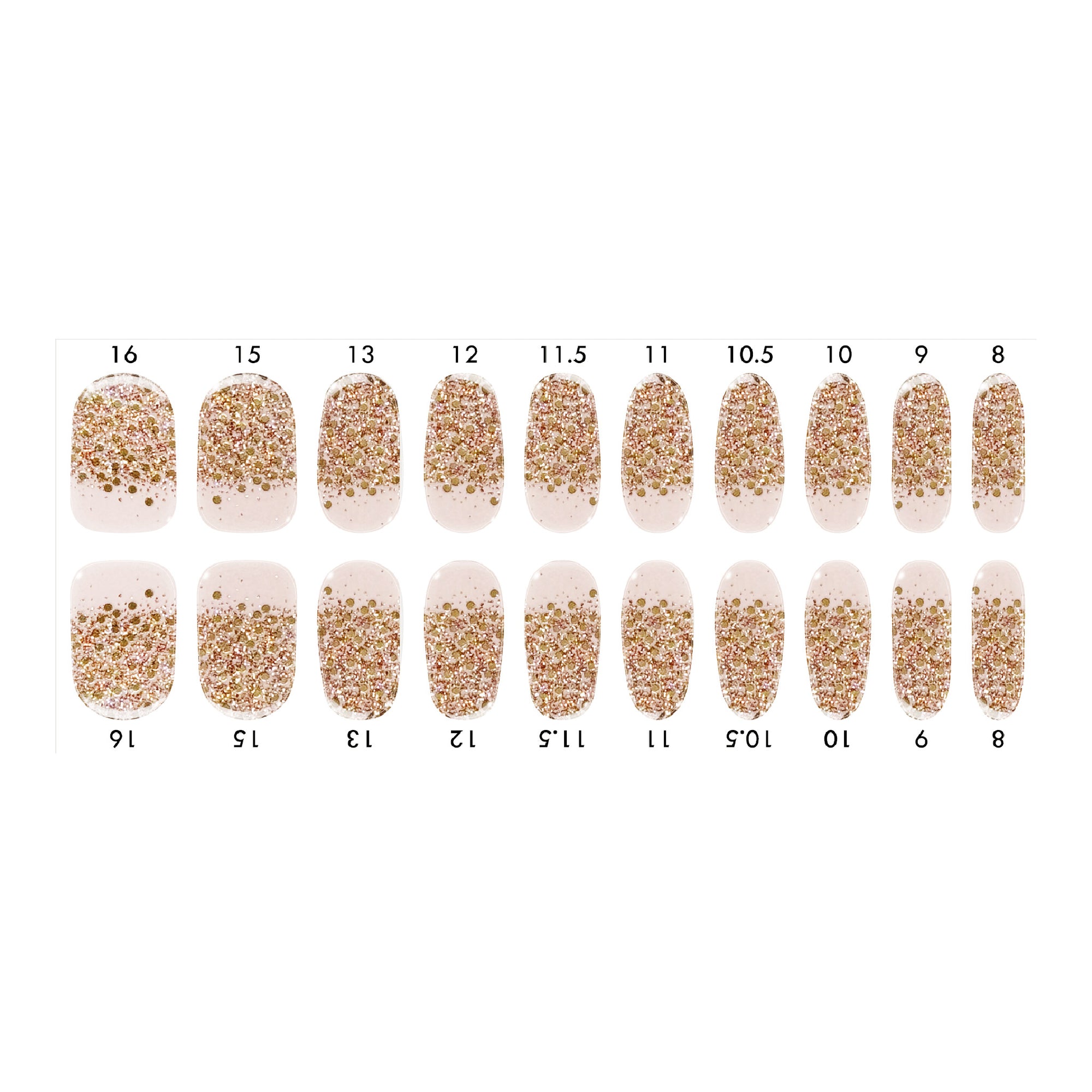 Standard size semi-cured gel nail strips sheet shown on a white background, featuring a blush base with gold glitter gradient tip designs, arranged by numbered nail sizes.