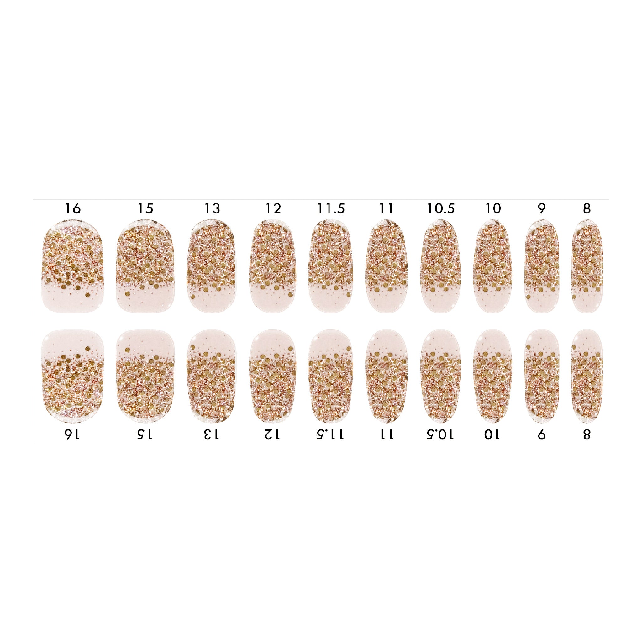 Standard size semi-cured gel nail strips sheet shown on a white background, featuring a blush base with gold glitter gradient tip designs, arranged by numbered nail sizes.