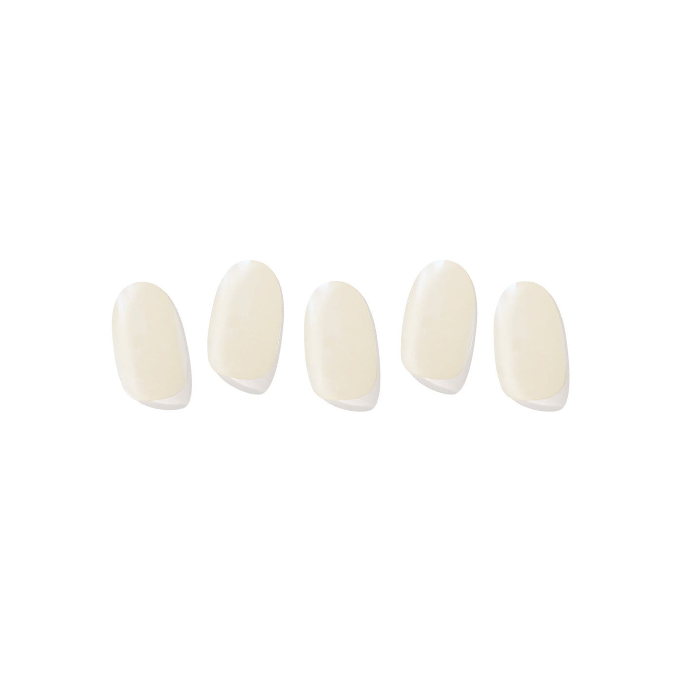 Five semi-cured gel nail strips displayed on a white background, featuring a glossy white finish.
