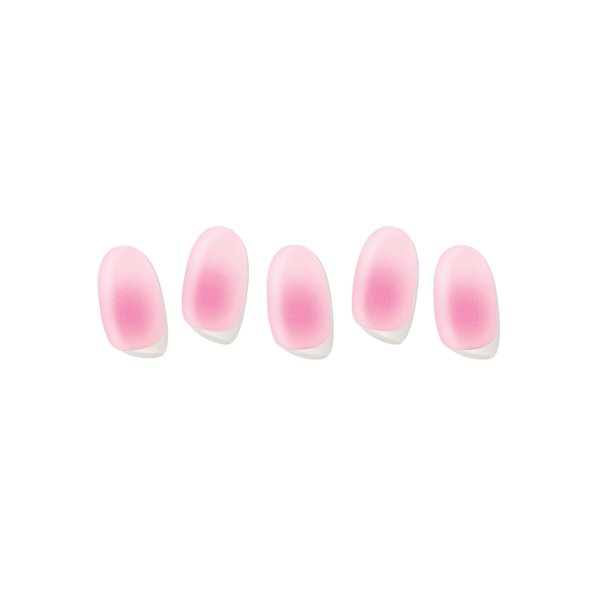 Five semi-cured gel nail strips displayed on a white background, featuring a soft blush base with a pink aura-style gradient.