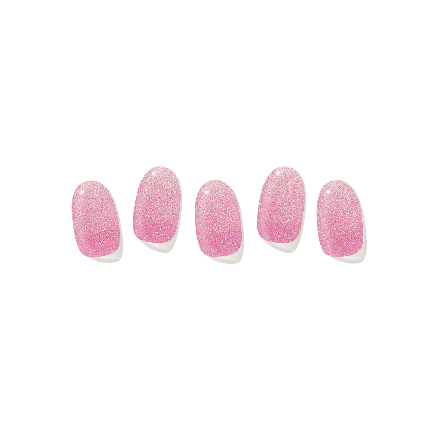 Five semi-cured gel nail strips displayed on a white background, featuring a pink glitter ombré design.