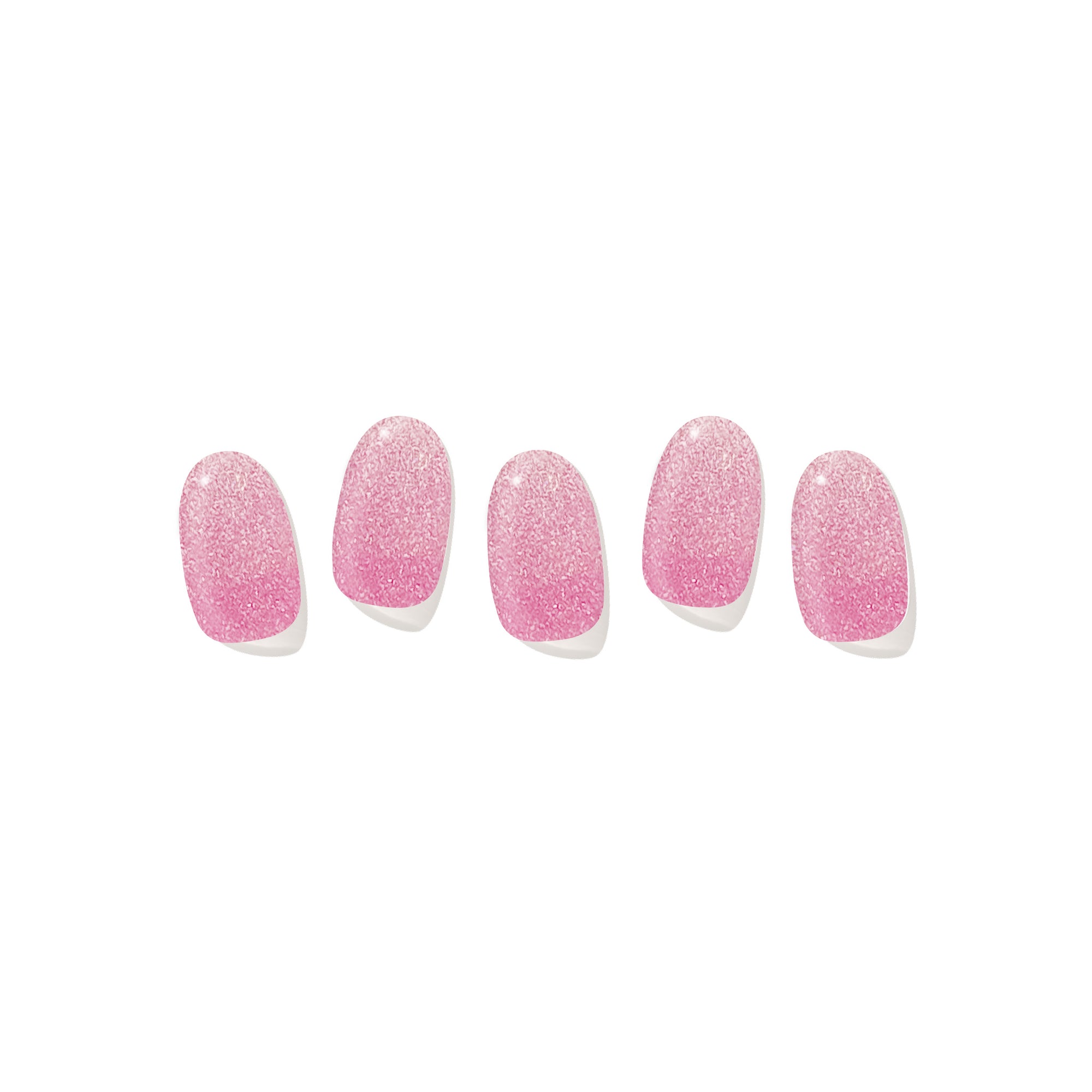 Five semi-cured gel nail strips displayed on a white background, featuring a pink glitter ombré design.
