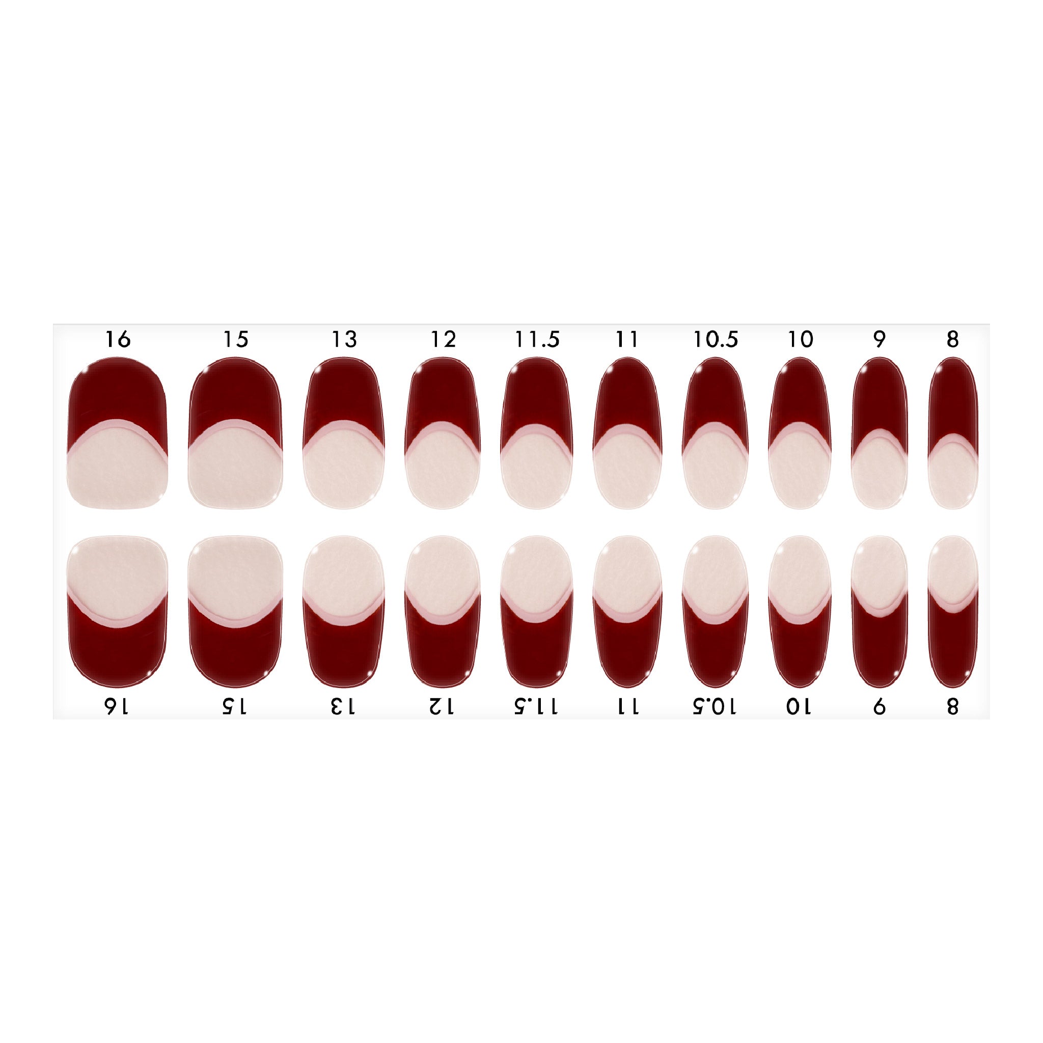 Standard size semi-cured gel nail strips sheet shown on a white background, featuring brown French tip designs with a thin pink accent line, arranged by numbered nail sizes.