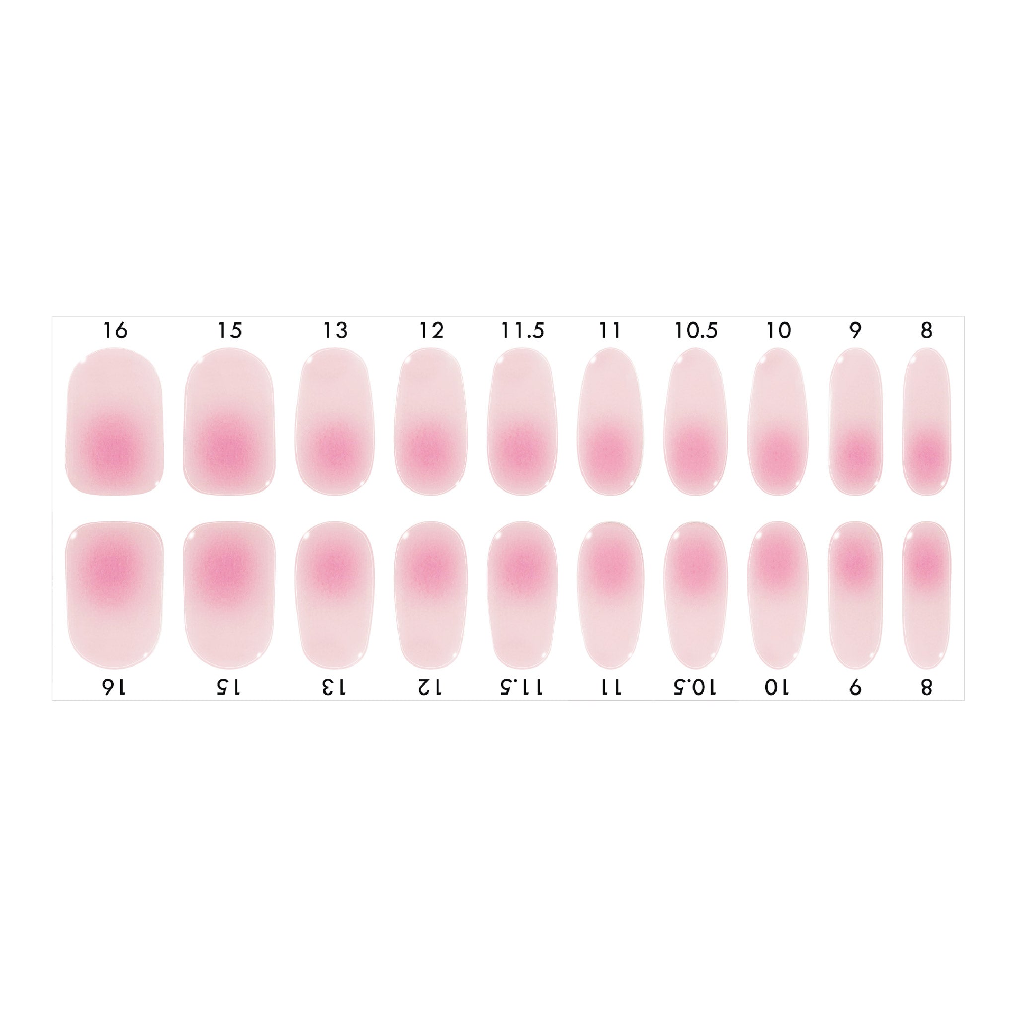 Standard size semi-cured gel nail strips sheet shown on a white background, featuring a blush base with a pink aura-style gradient, arranged by numbered nail sizes.