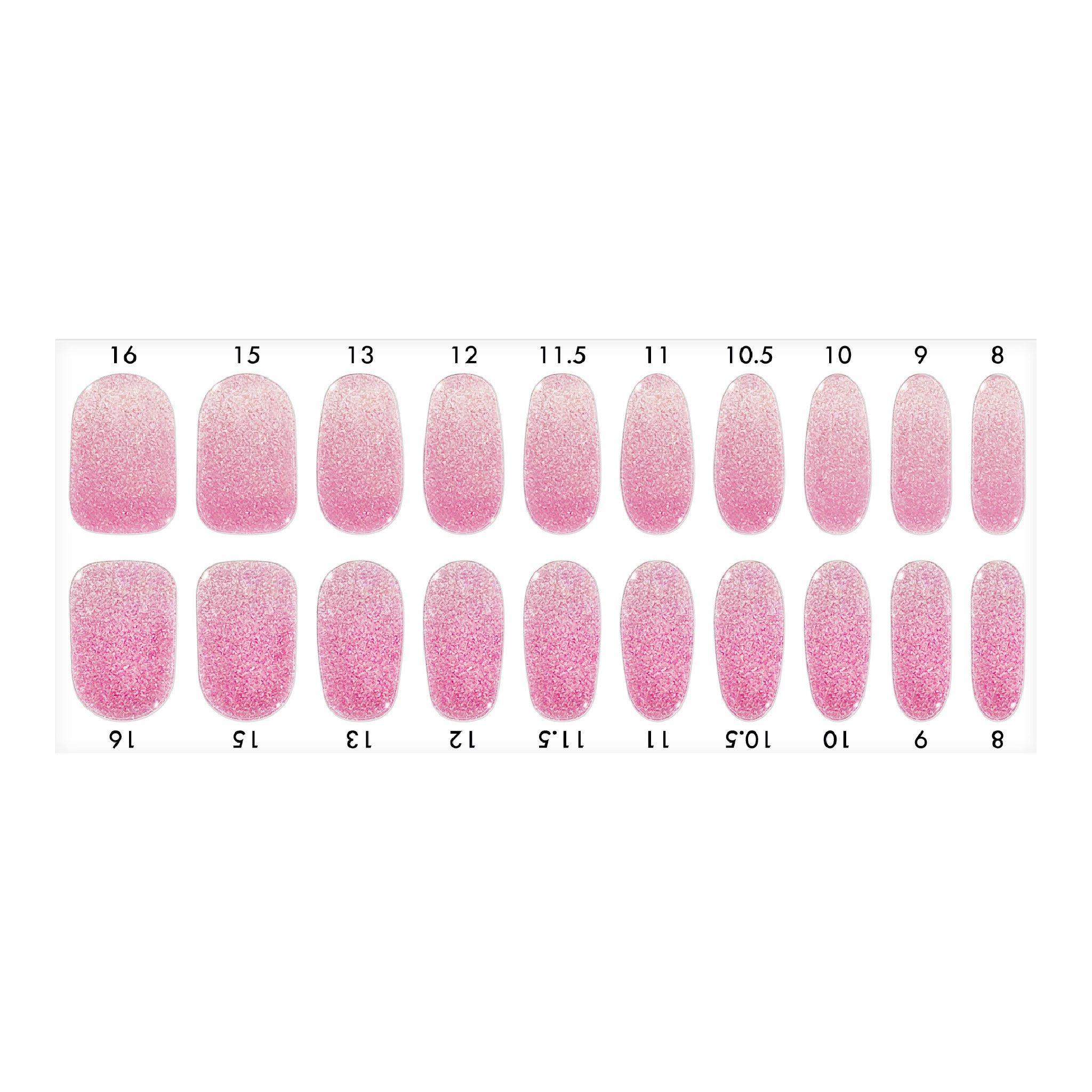 Standard size semi-cured gel nail strips sheet shown on a white background, featuring a pink glitter ombré design, arranged by numbered nail sizes.