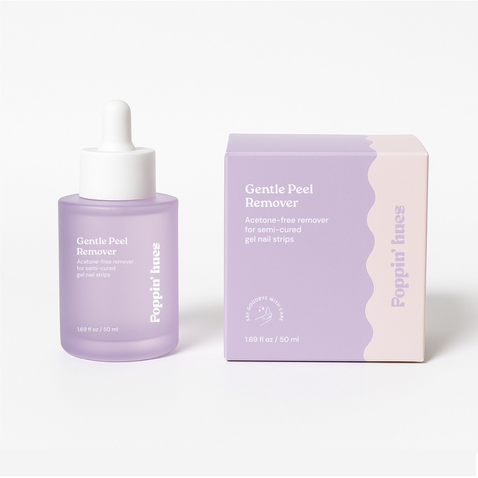 Purple glass bottle of Gentle Peel Remover displayed on a white background alongside its branded box.