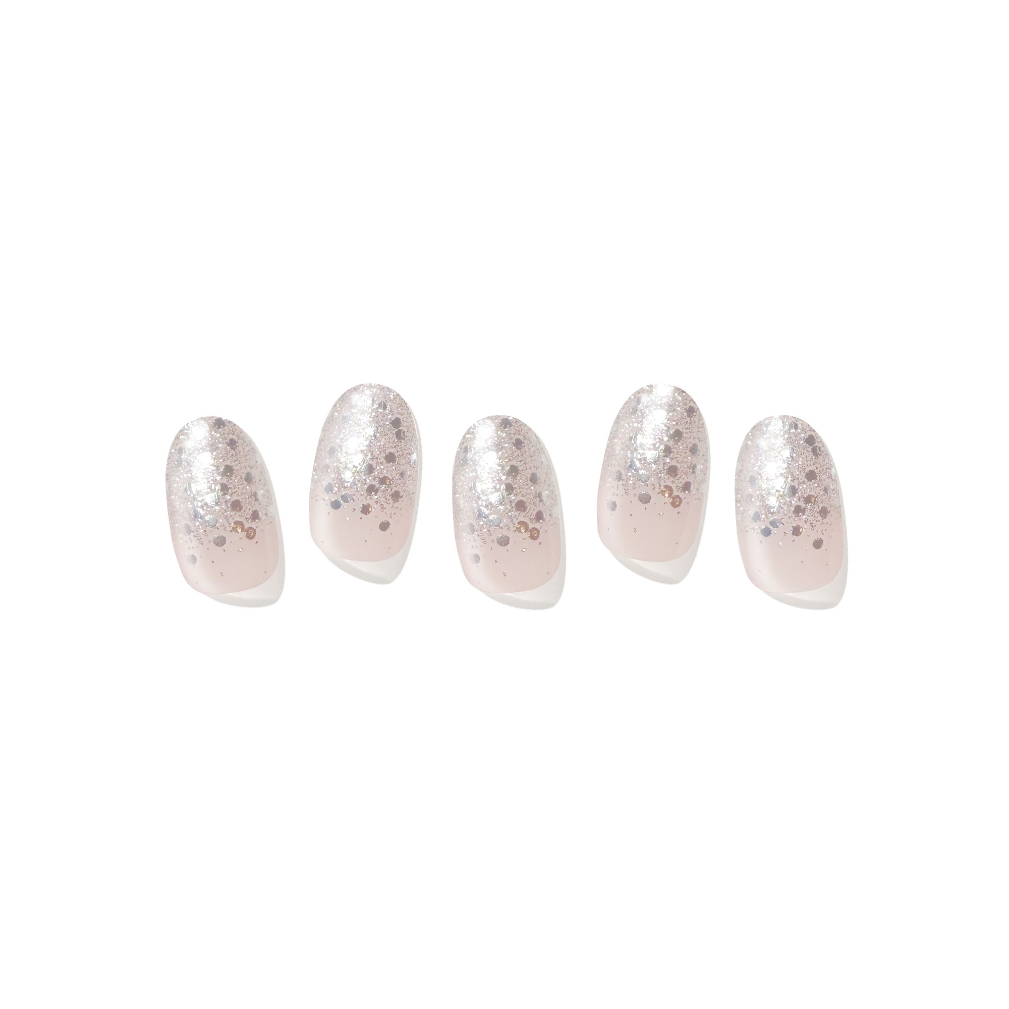 Five semi-cured gel nail strips displayed on a white background, featuring a soft blush base with silver glitter gradient tips.