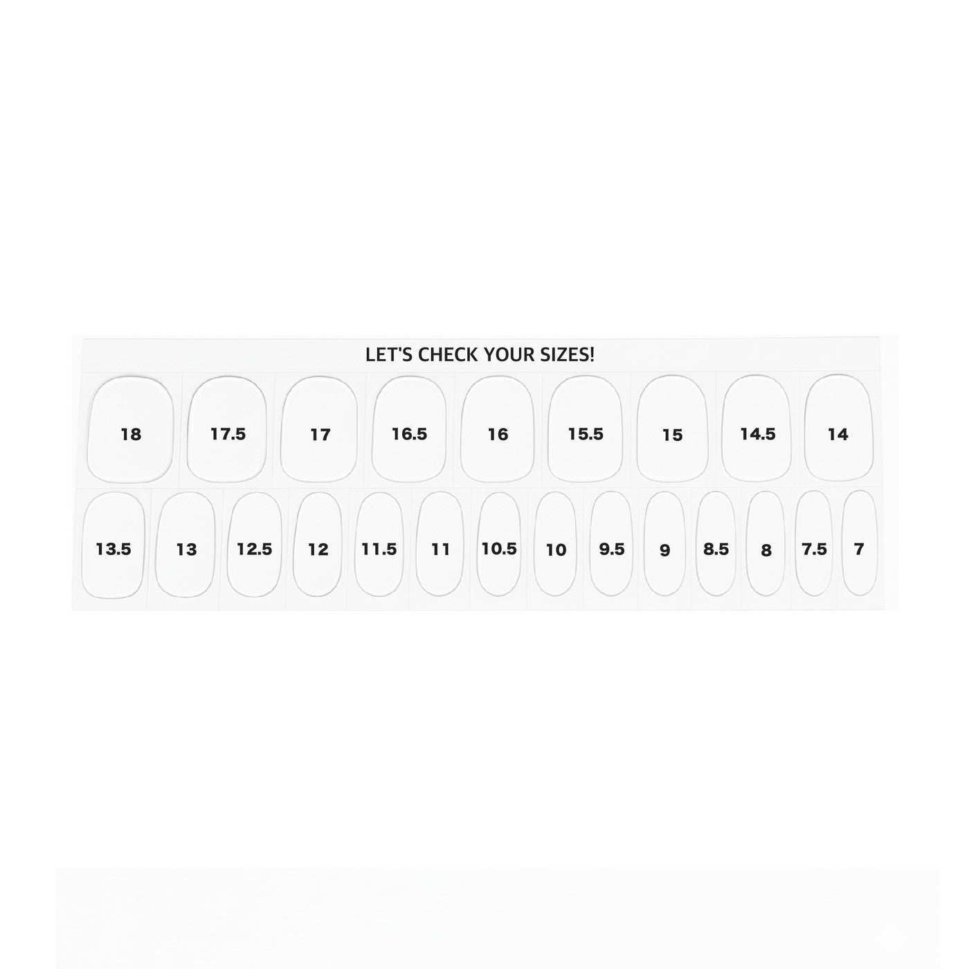 Nail sizing sheet displayed on a white background, showing clear stickers labeled with numbered nail sizes.