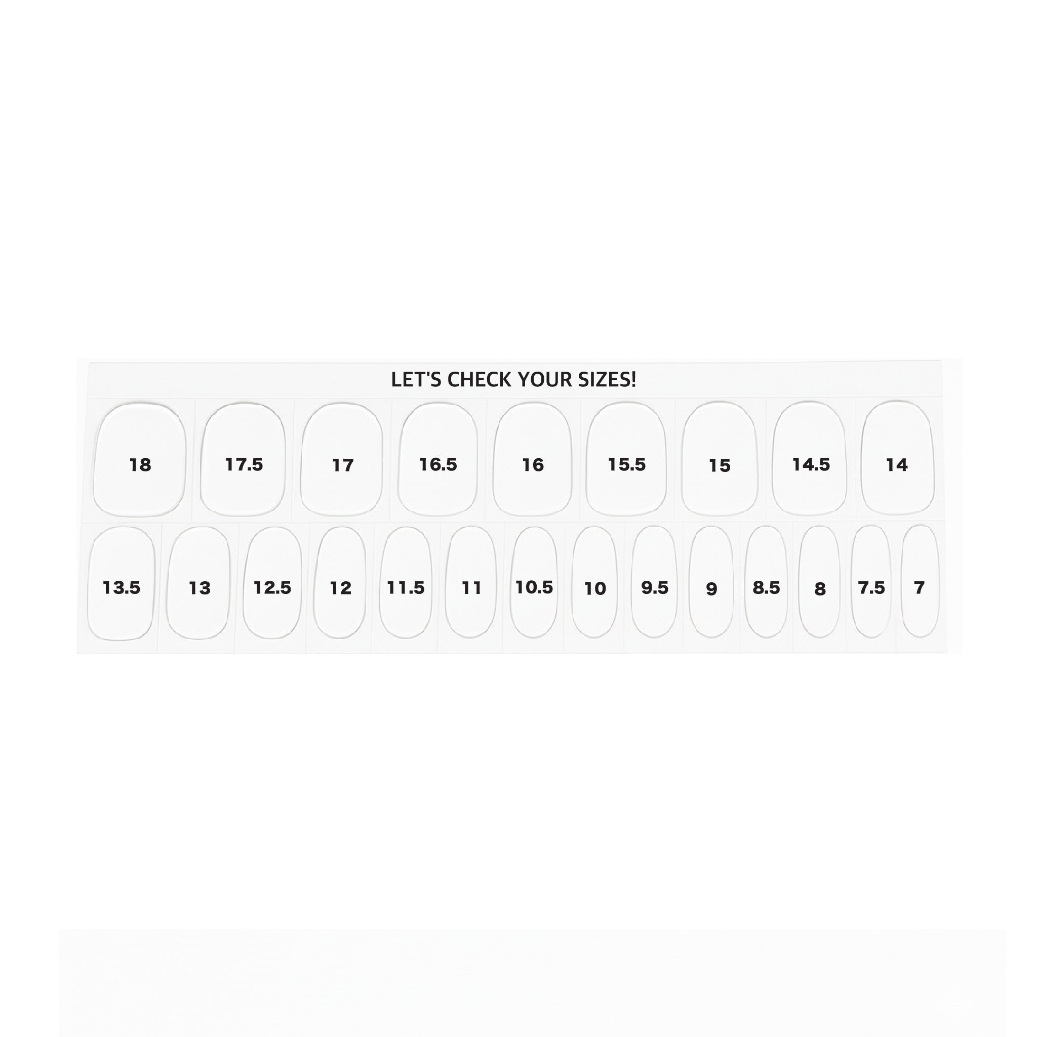 Nail sizing sheet displayed on a white background, showing clear stickers labeled with numbered nail sizes.