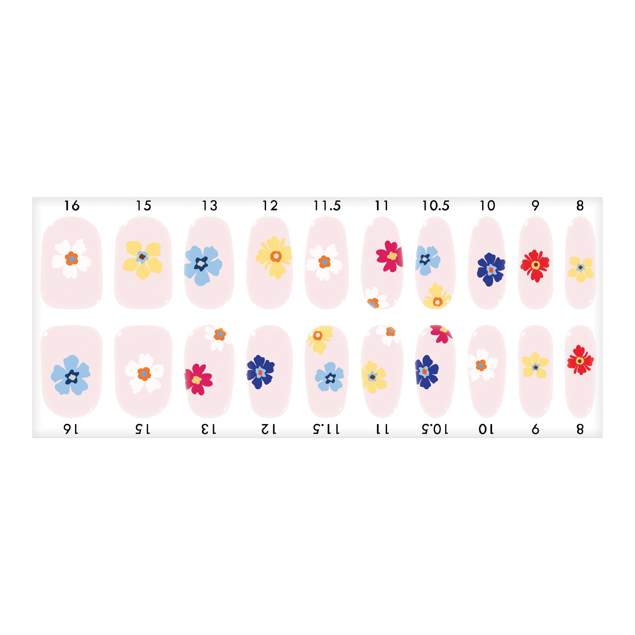 Standard size semi-cured gel nail strips sheet shown on a white background, featuring a blush base with colorful floral designs, arranged by numbered nail sizes.