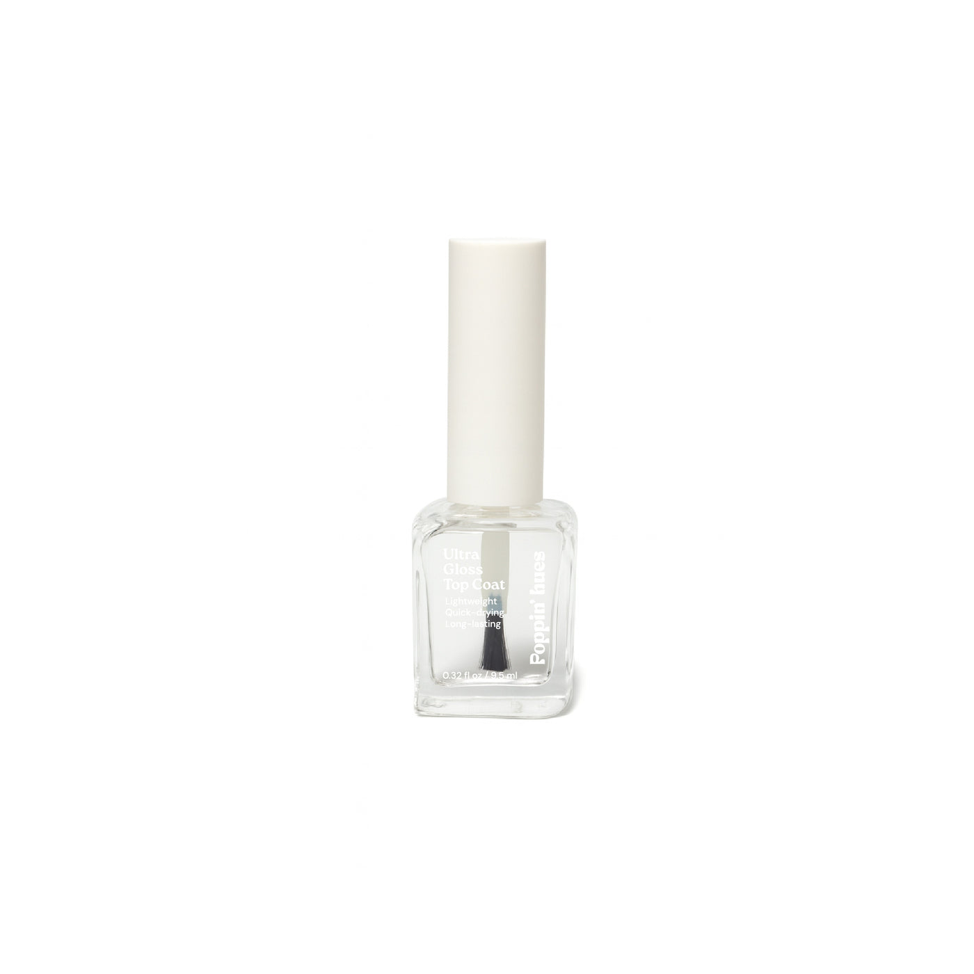 Clear nail top coat bottle displayed on a white background, featuring a rectangular glass bottle with a white cap.